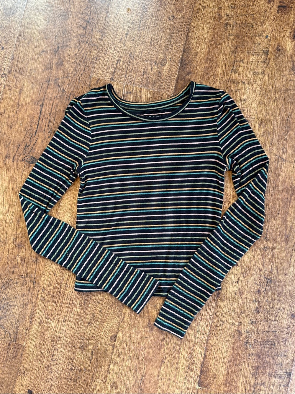 American Eagle Soft & Sexy Ribbed Black Multi Striped Long Sleeve Crop Top Sz XS